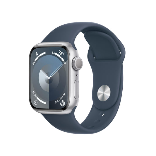 Apple Watch Series 9 GPS 41mm Silver Aluminum Case with Storm Blue Sport Band - M/L