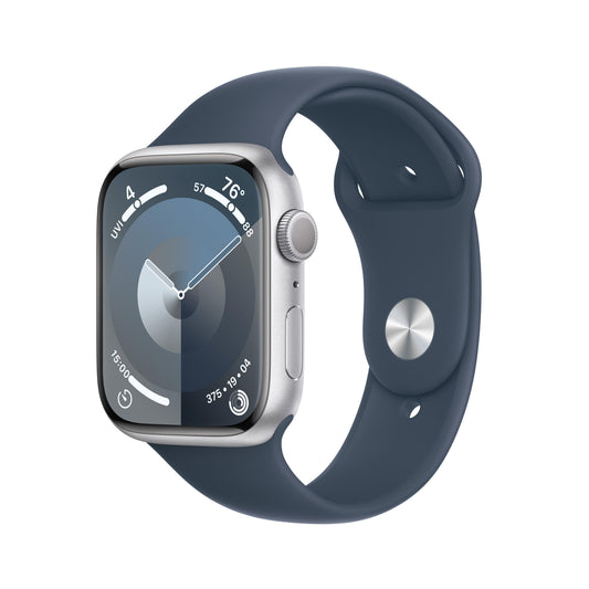 Apple Watch Series 9 GPS 45mm Silver Aluminum Case with Storm Blue Sport Band - M/L