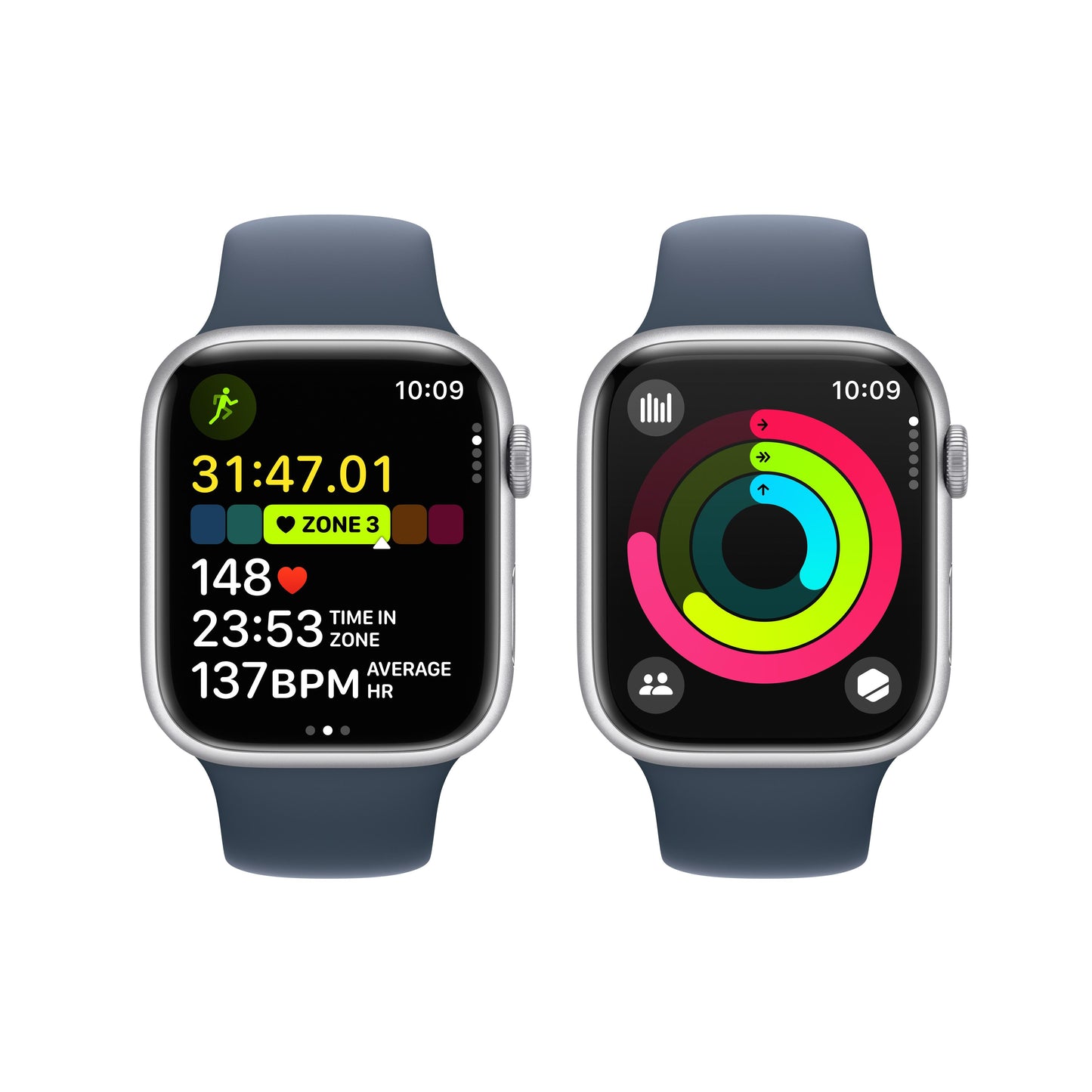 Apple Watch Series 9 GPS 45mm Silver Aluminum Case with Storm Blue Sport Band - S/M