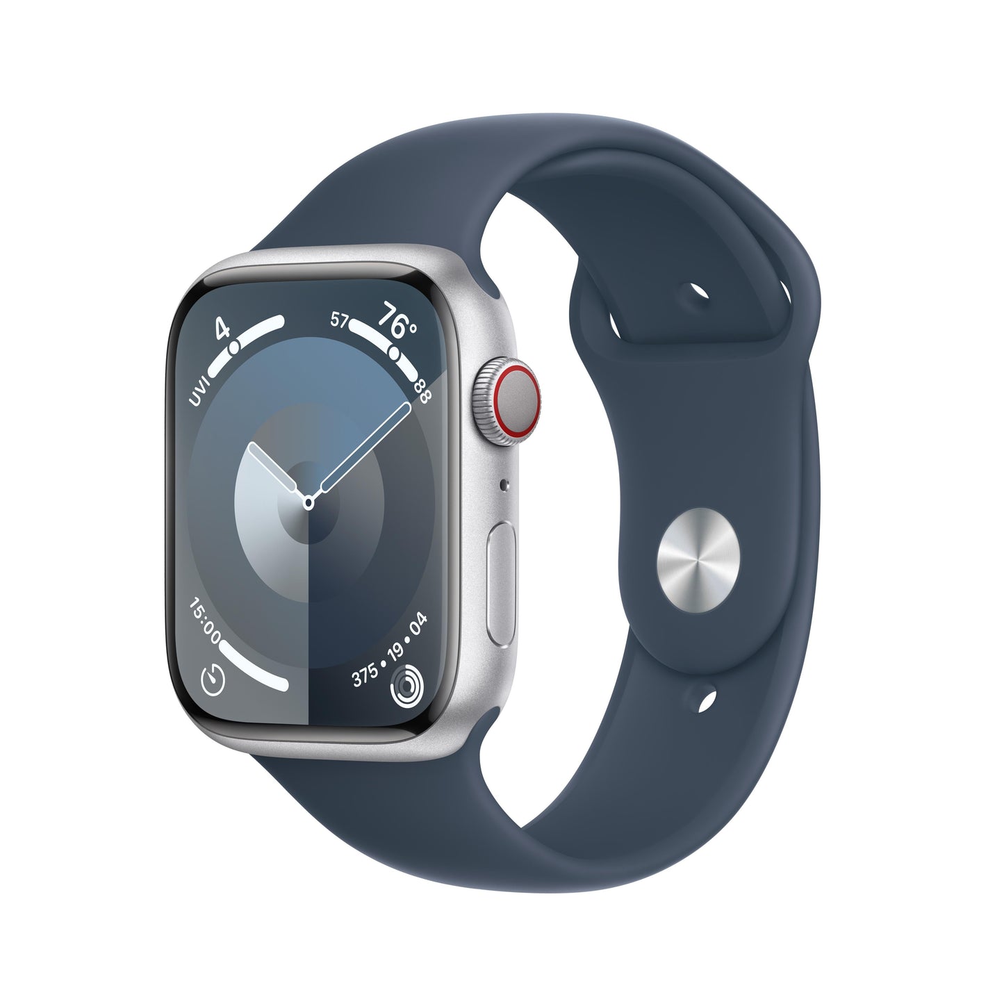 Apple Watch Series 9 GPS + Cellular 45mm Silver Aluminum Case with Storm Blue Sport Band - S/M