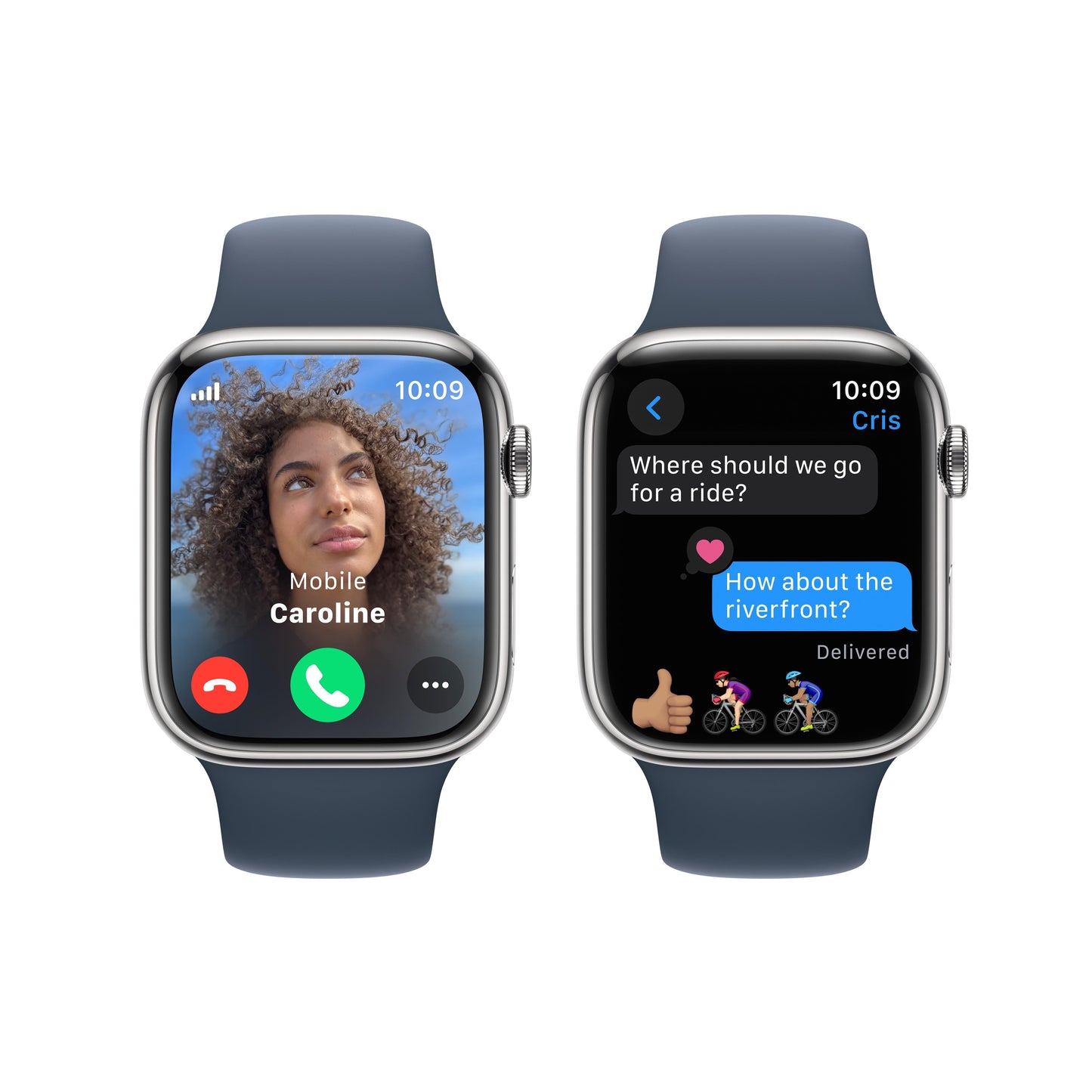 Apple Watch Series 9 GPS + Cellular 45mm Silver Stainless Steel Case with Storm Blue Sport Band - M/L