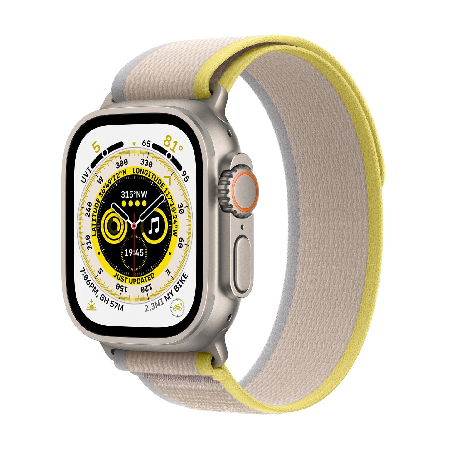 Apple Watch Ultra GPS + Cellular, 49mm Titanium Case with Yellow/Beige Trail Loop - S/M
