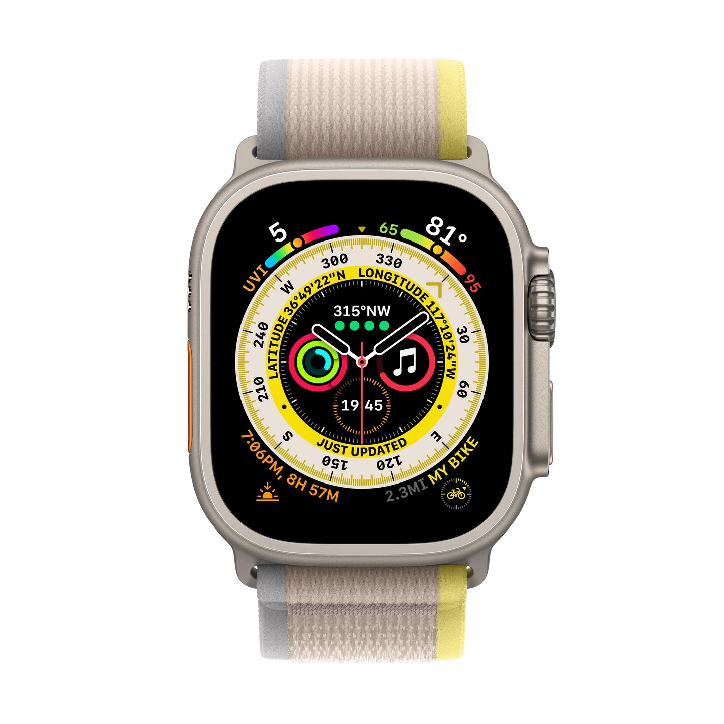 Apple Watch Ultra GPS + Cellular, 49mm Titanium Case with Yellow/Beige Trail Loop - M/L