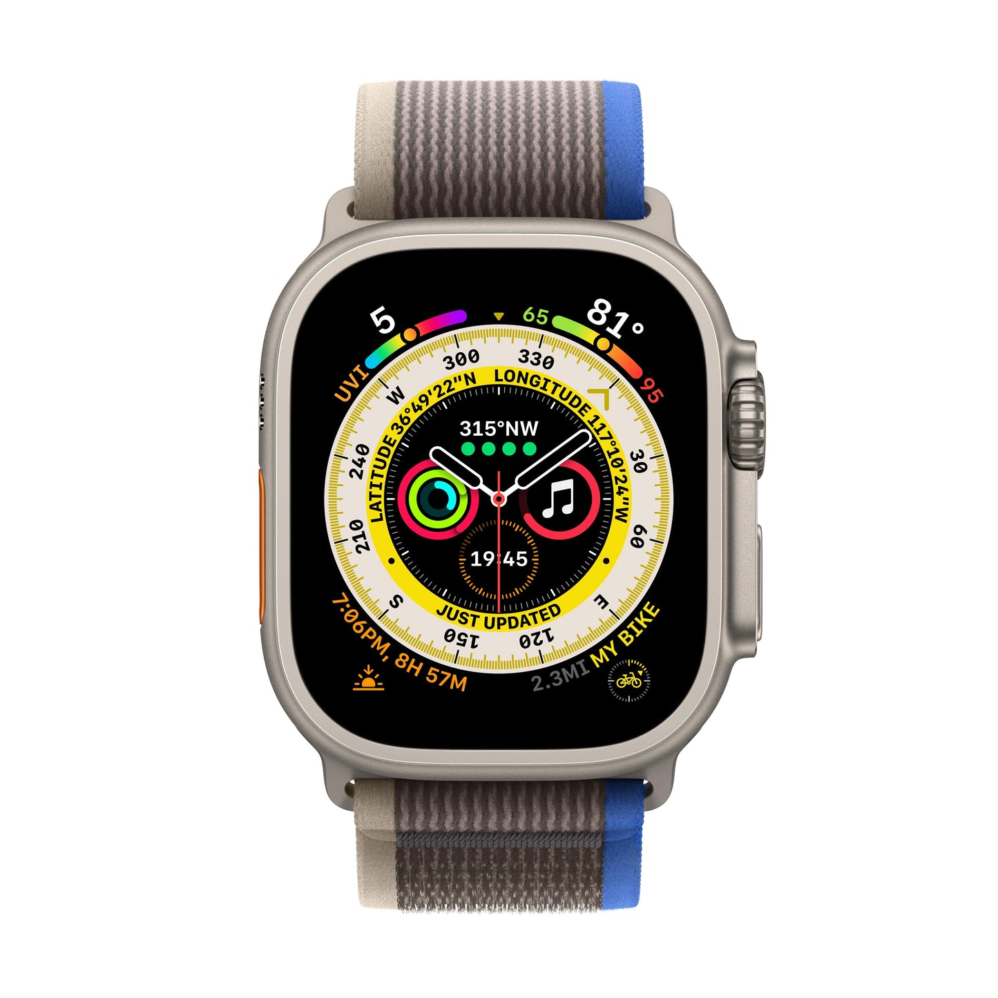 Apple Watch Ultra GPS + Cellular, 49mm Titanium Case with Blue/Gray Trail Loop - S/M