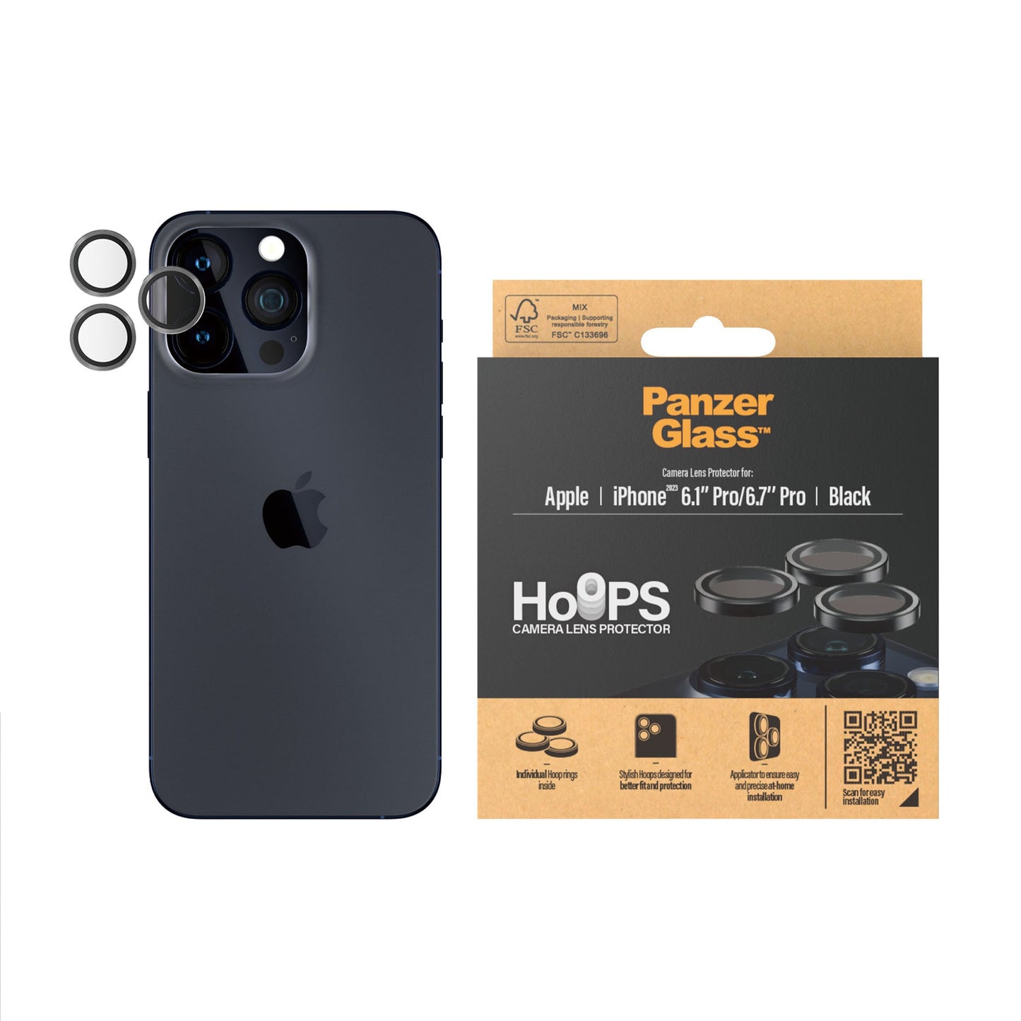 PANZERGLASS Hoops Camera Lens Protector for iPhone 15 Pro / 15 Pro Max - Black